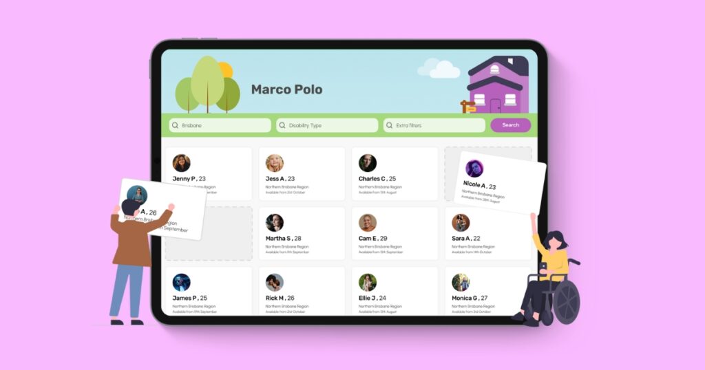 An illustration of a tablet displaying the Marco Polo portal interface, featuring a list of profiles with names, ages, and regions. The background includes a scenic design with trees, a house, and a clear sky. Two cartoon-style characters, one standing and one in a wheelchair, interact with the interface by holding and placing profile cards, symbolizing accessibility and user engagement.