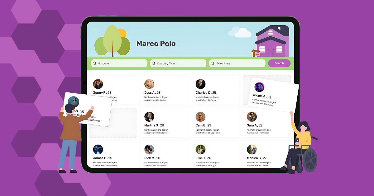 Illustration of the Marco Polo platform displayed on a tablet, showing a searchable list of NDIS participant profiles with filters for location and disability type. Two illustrated people interact with profile cards, including a wheelchair user, on a purple background.