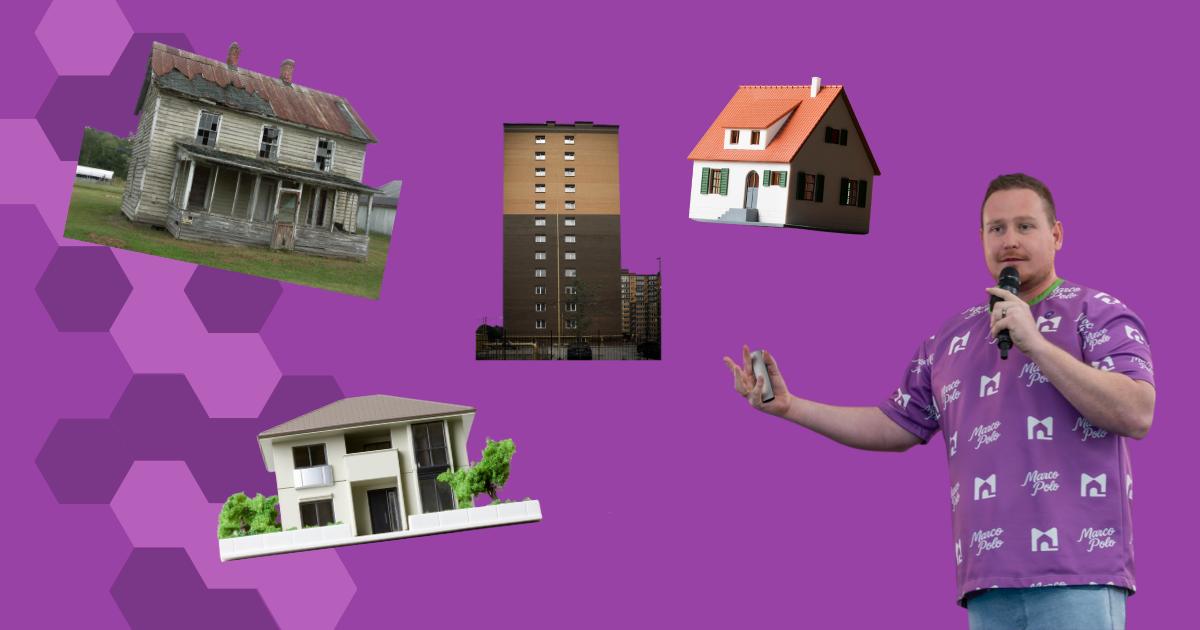 Person holding a microphone and presenting, wearing a purple Marco Polo shirt, with different housing types floating around them, including an old house, an apartment building, a modern home, and a large residential property, on a purple background.