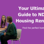 Three people sitting at a table having a housing consultation, with two staff members in purple shirts using a laptop and speaking with a participant. Purple background with the text ‘Your Ultimate Guide to NDIS Housing Rentals’ and ‘Find the perfect home’.